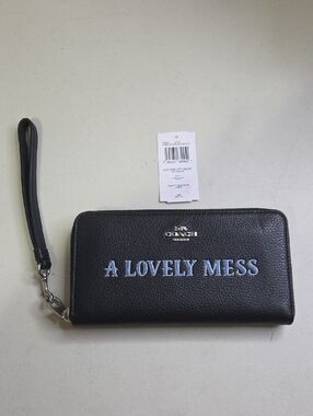 Coach And Disney  Black Leather Zip Wristlet with Light Blue Embroidered Text